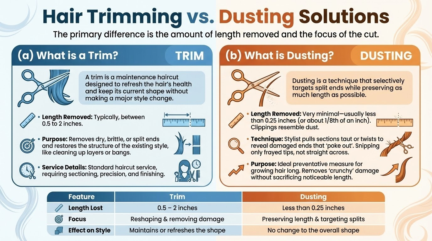 A diagram of a trimming vs dusting solution Description automatically generated