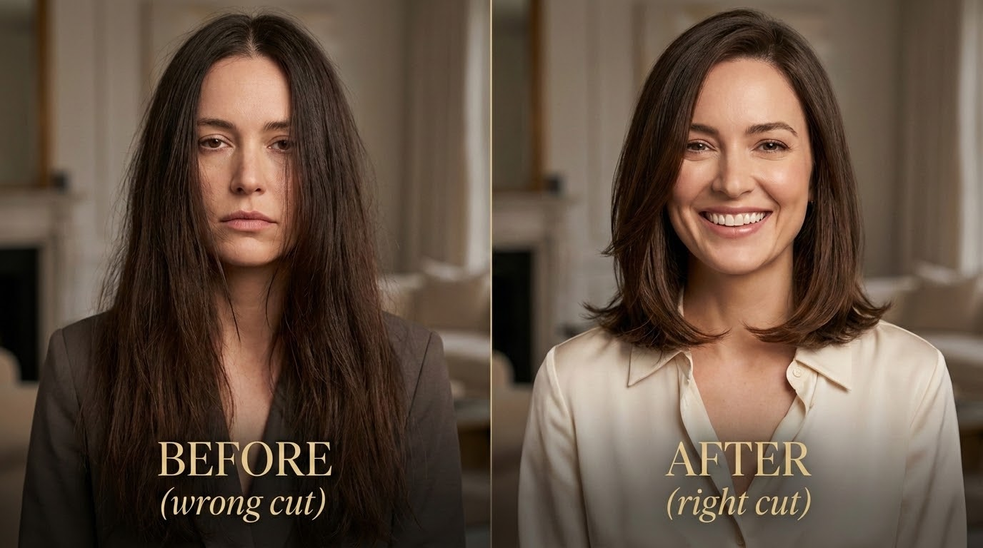 Before and after face-shape tailored haircut transformation