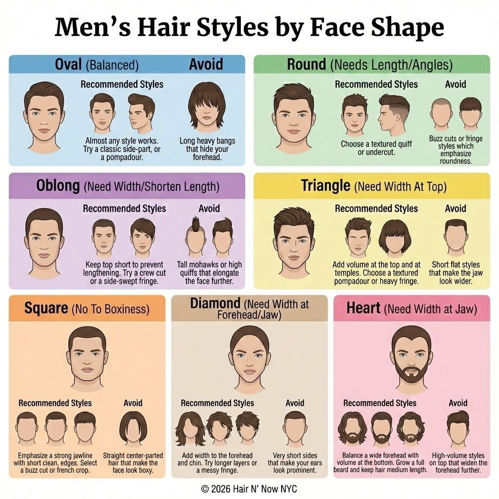 Men hair styles by face shape infographic