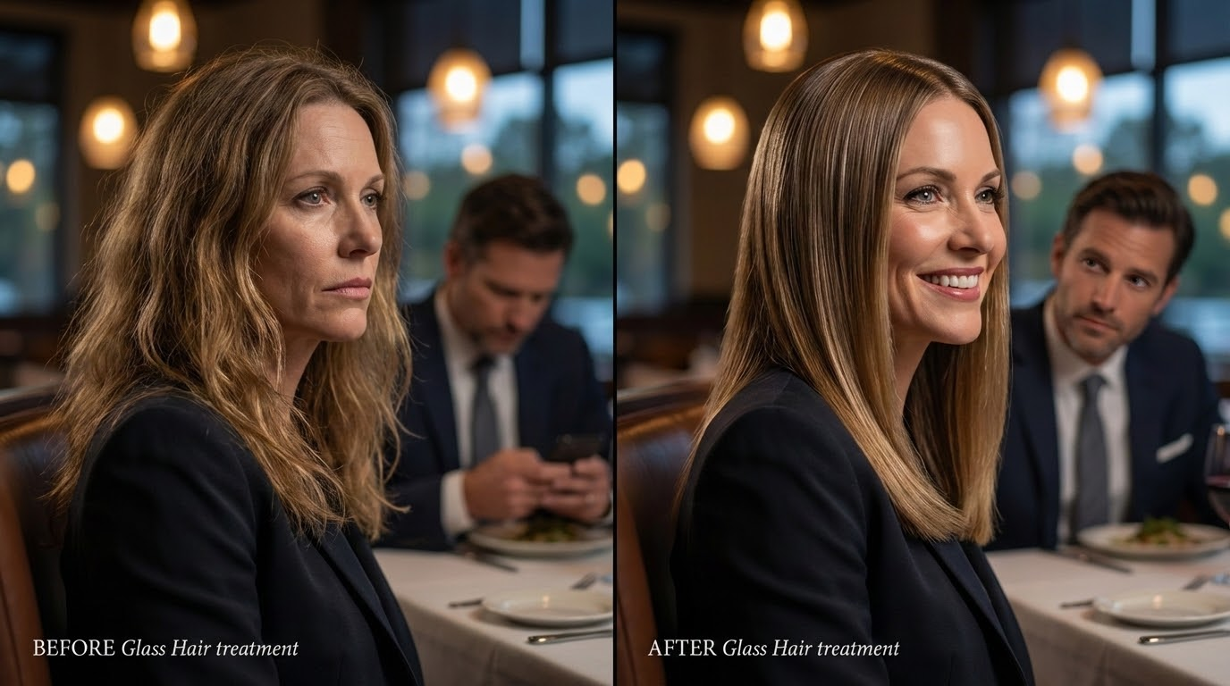 Before and after glass hair treatment comparison showing transformation from dull to shiny hair