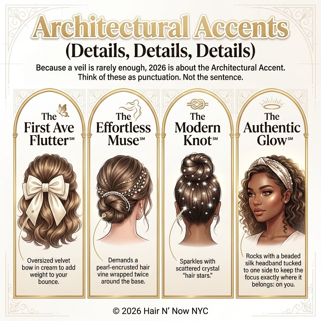 Four illustrated bridal hairstyles with hair accessories including bow, pearl vine, crystal pins, and headband