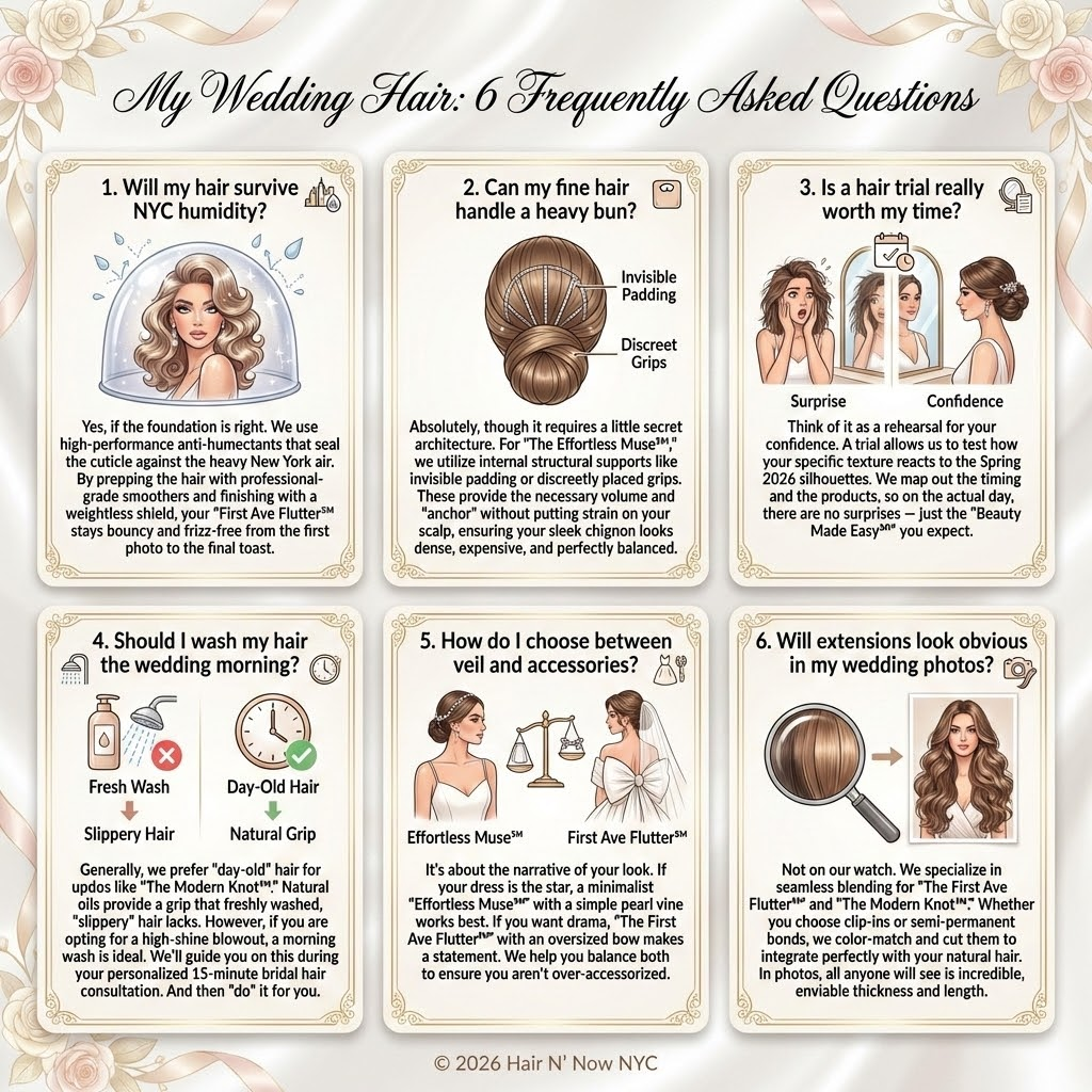 Six-panel FAQ infographic about wedding hair with illustrated tips on humidity, updos, trials, and extensions