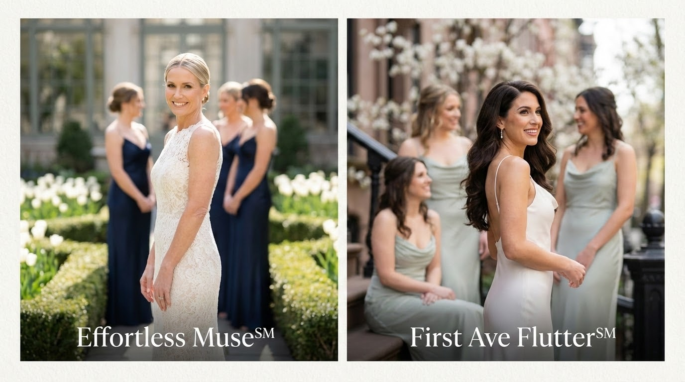 Bride in cream lace dress with bridesmaids in navy and sage green dresses at outdoor settings