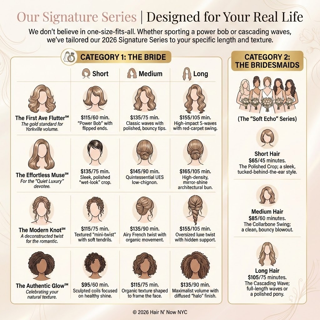 Bridal hair styling menu chart showing illustrated hairstyles organized by length for brides and bridesmaids