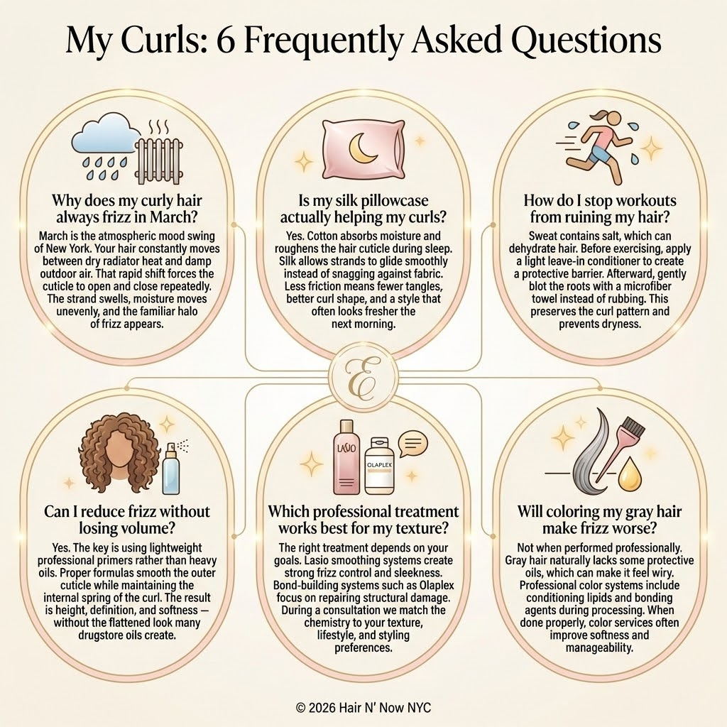 Curly hair FAQ grid for frizz, workouts, volume, treatments, and gray hair
