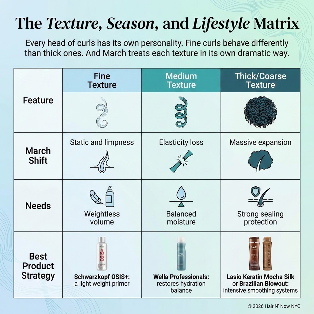 Hair texture matrix chart for fine, medium, and thick or coarse curls