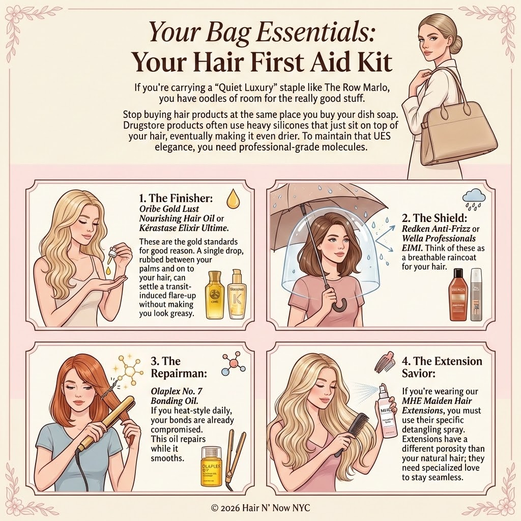Illustrated guide titled Your Bag Essentials: Your Hair First Aid Kit featuring a stylish woman with a handbag and four panels showing finishing oil, anti-frizz shield, bonding oil, and extension detangling spray.