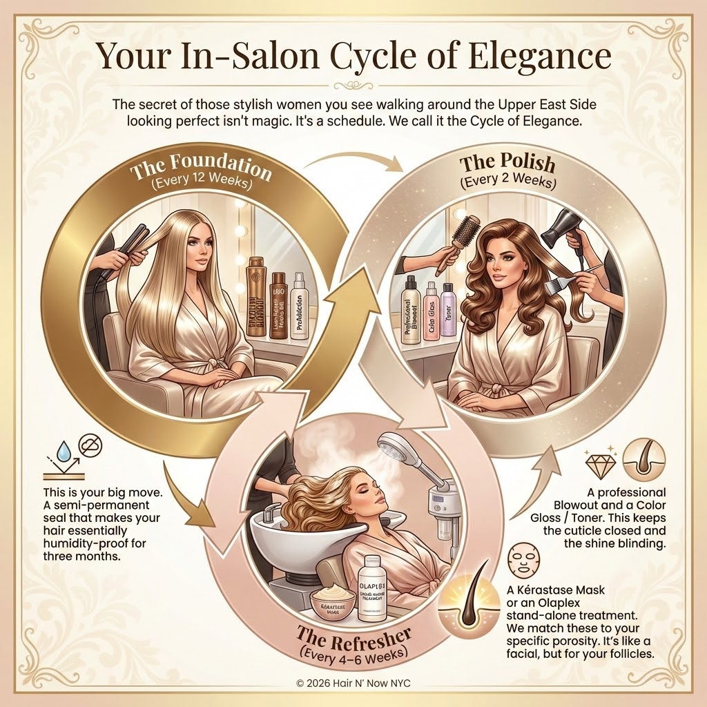 Circular diagram titled Your In-Salon Cycle of Elegance showing three treatment stages: The Foundation every 12 weeks, The Polish every 2 weeks, and The Refresher every 4-6 weeks.