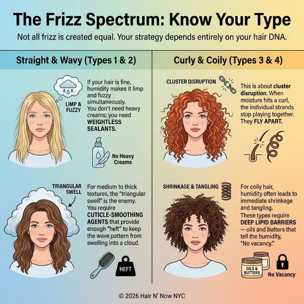 Infographic titled The Frizz Spectrum: Know Your Type displaying four illustrated women representing straight, wavy, curly, and coily hair types with humidity effects and recommended product approaches.