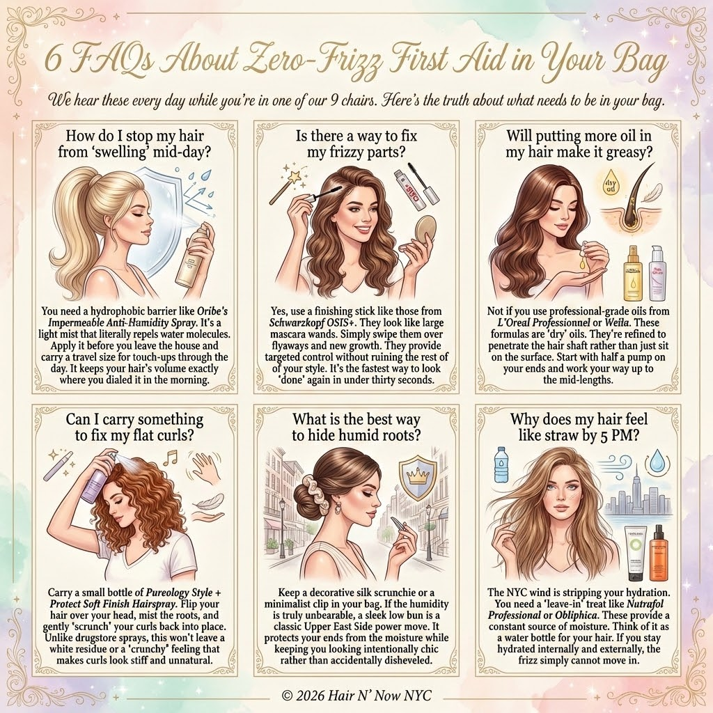Pastel infographic titled 6 FAQs About Zero-Frizz First Aid in Your Bag with six illustrated panels covering swelling, flyaways, oils, flat curls, humid roots, and dry-feeling hair.