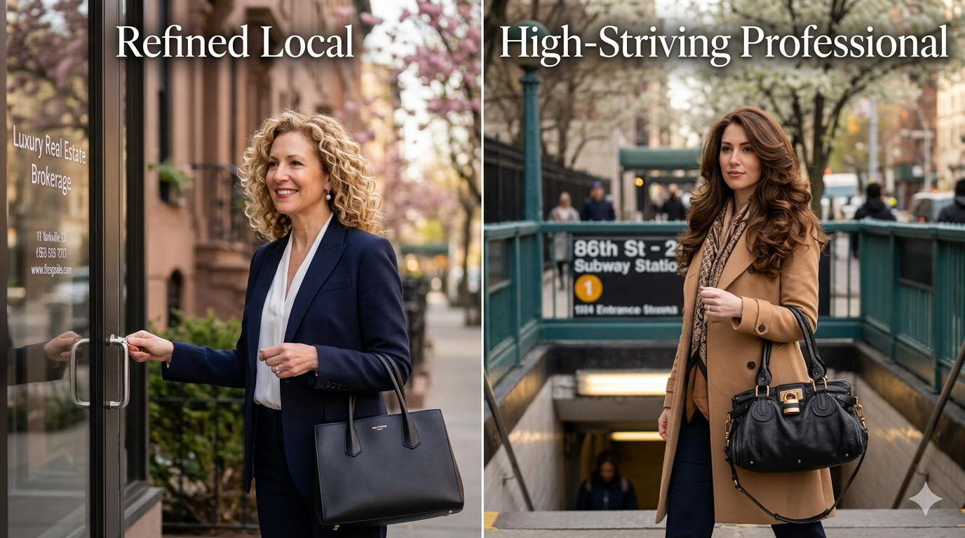 Split image comparing two professional women: Refined Local shows a smiling woman with curly blonde hair in a navy blazer entering a luxury real estate brokerage, while High-Striving Professional shows a brunette woman in a camel coat carrying a designer bag near the 86th Street subway station.