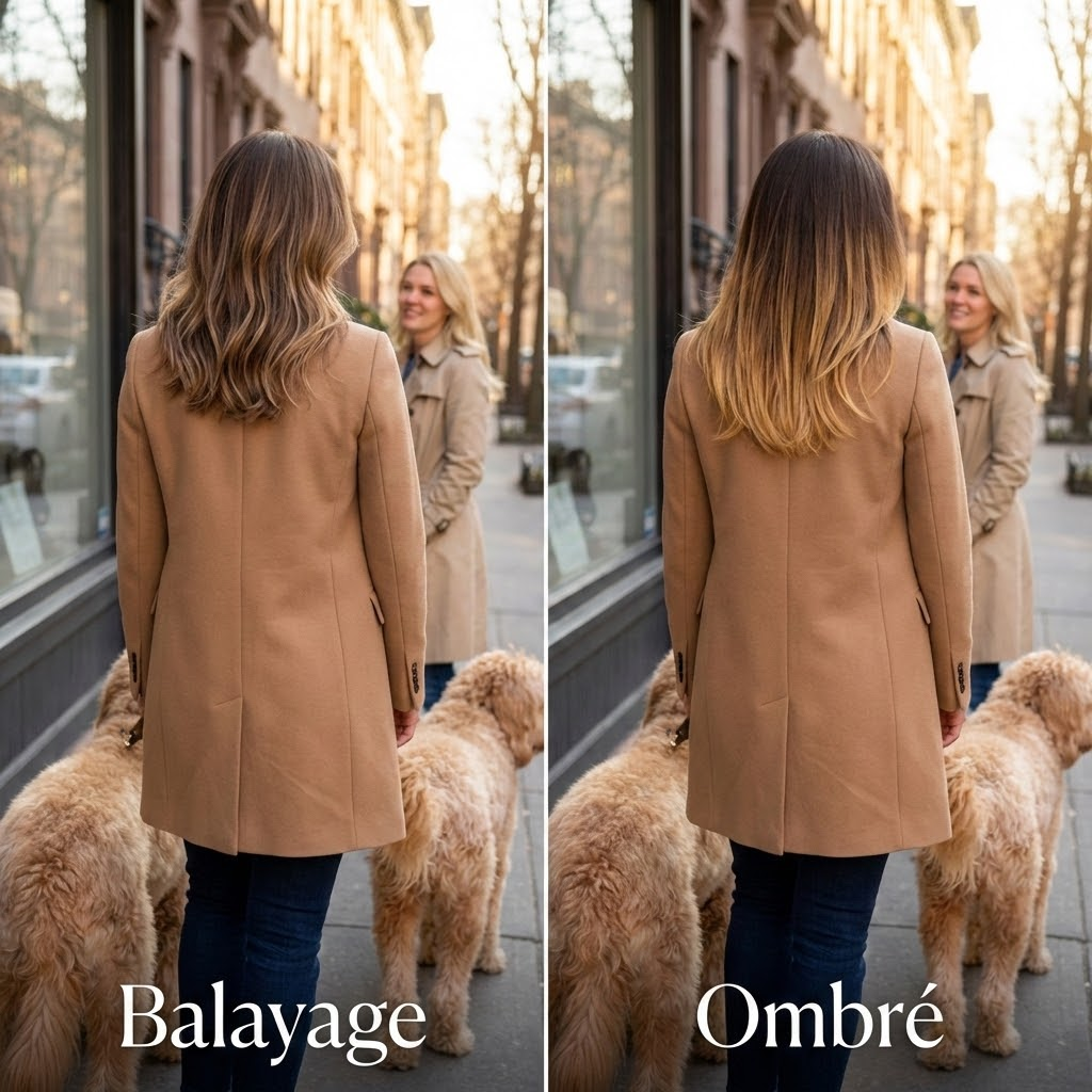 Balayage vs Ombre side-by-side comparison on Yorkville street