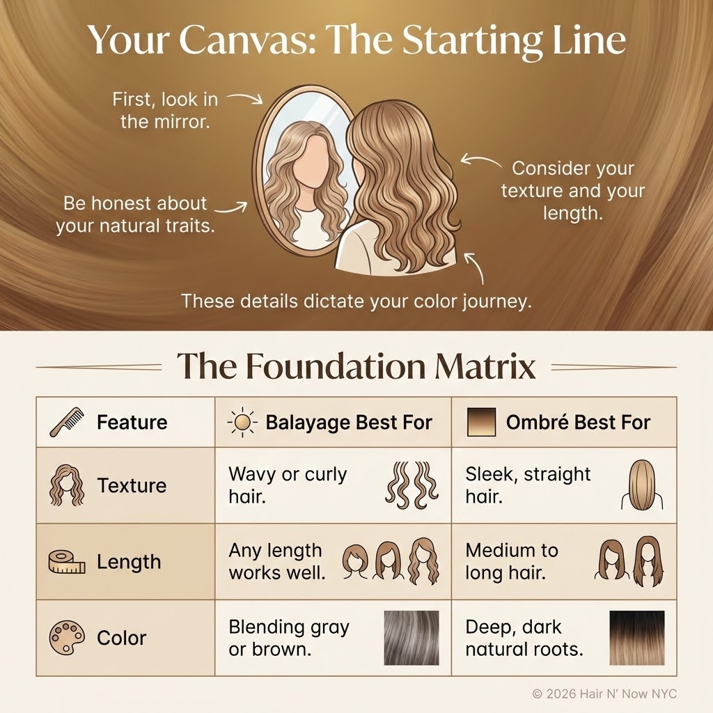 Foundation matrix infographic - balayage vs ombre by texture length and color