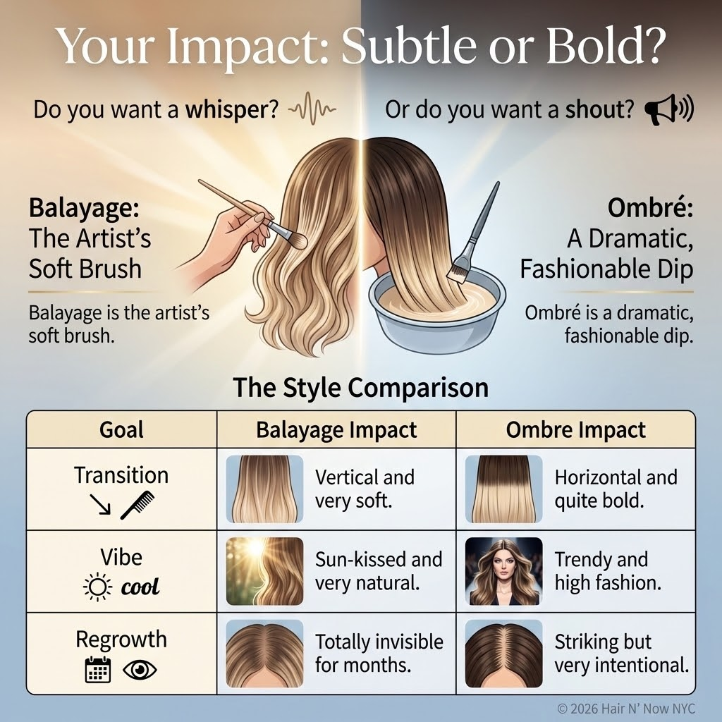 Style comparison infographic - balayage subtle vs ombre bold impact