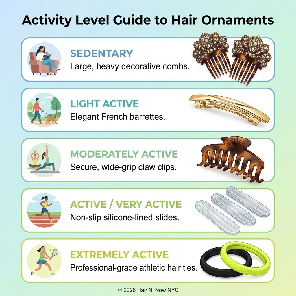 Activity level guide for choosing the right hair ornament