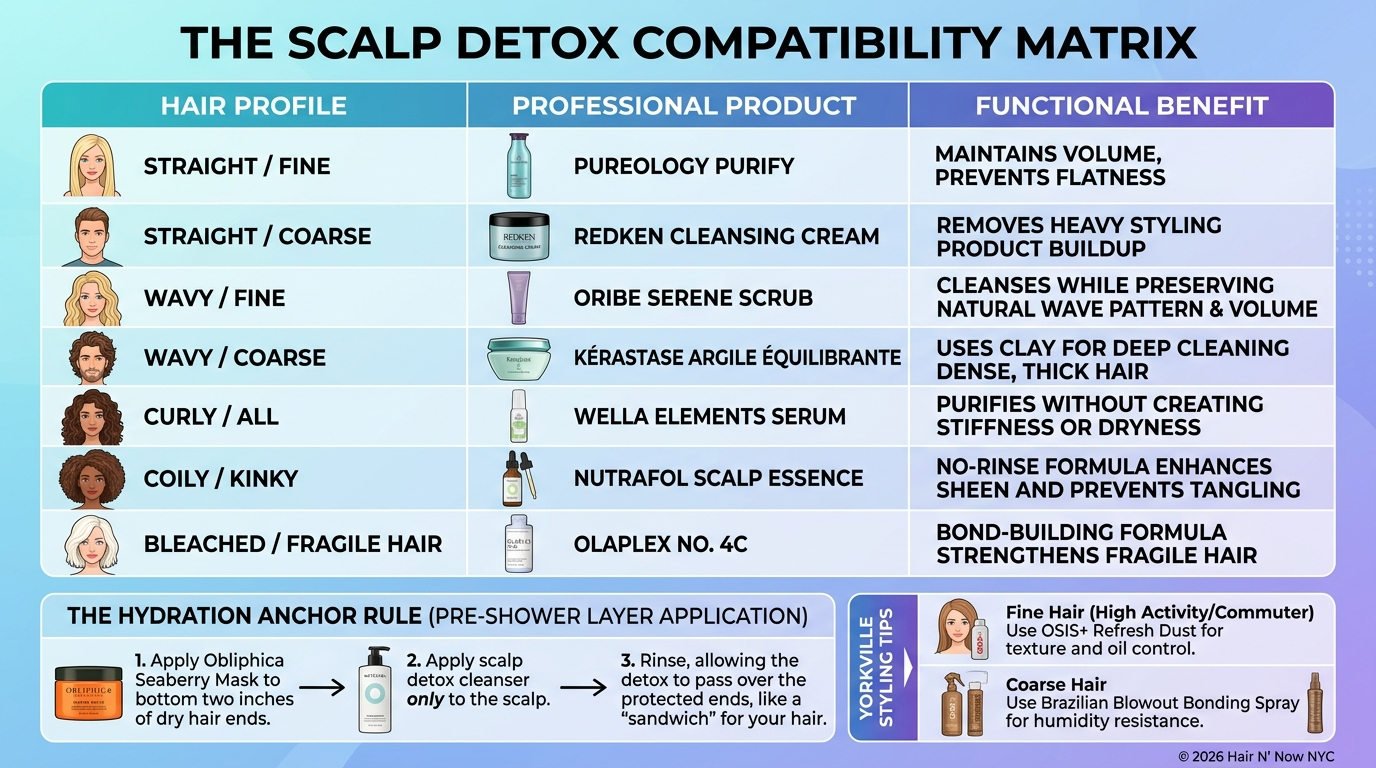 Scalp detox compatibility matrix infographic with product recommendations by hair profile and styling tips.