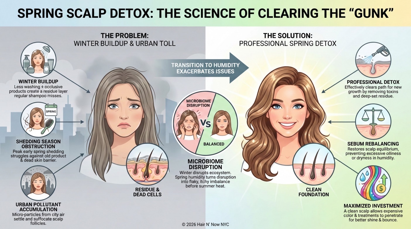 Infographic explaining spring scalp detox science, winter buildup, microbiome disruption, and professional detox benefits.