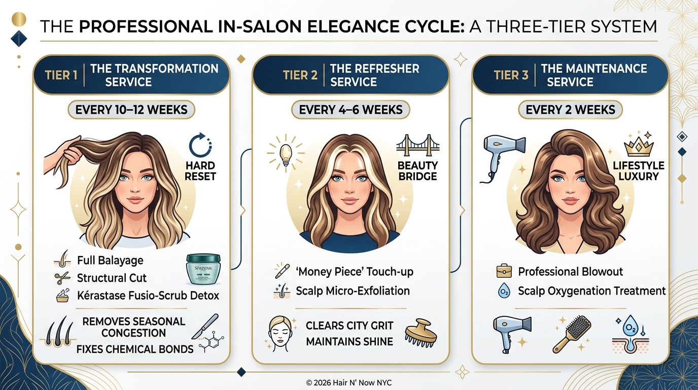 Infographic showing a three-tier in-salon scalp care elegance cycle with transformation, refresher, and maintenance services.
