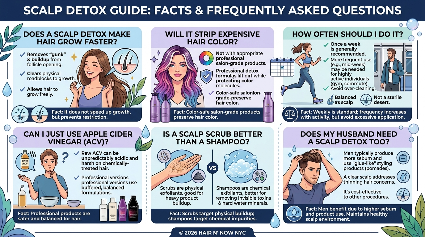 Infographic answering common scalp detox questions about growth, color safety, frequency, apple cider vinegar, scrub versus shampoo, and men’s scalp detox.