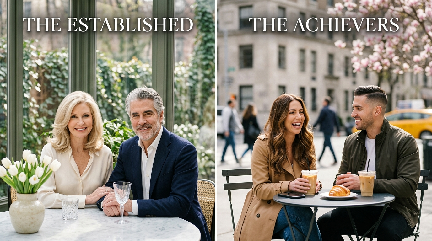 Side-by-side spring lifestyle image comparing an established couple in a bright conservatory and a younger couple at a Manhattan sidewalk café.