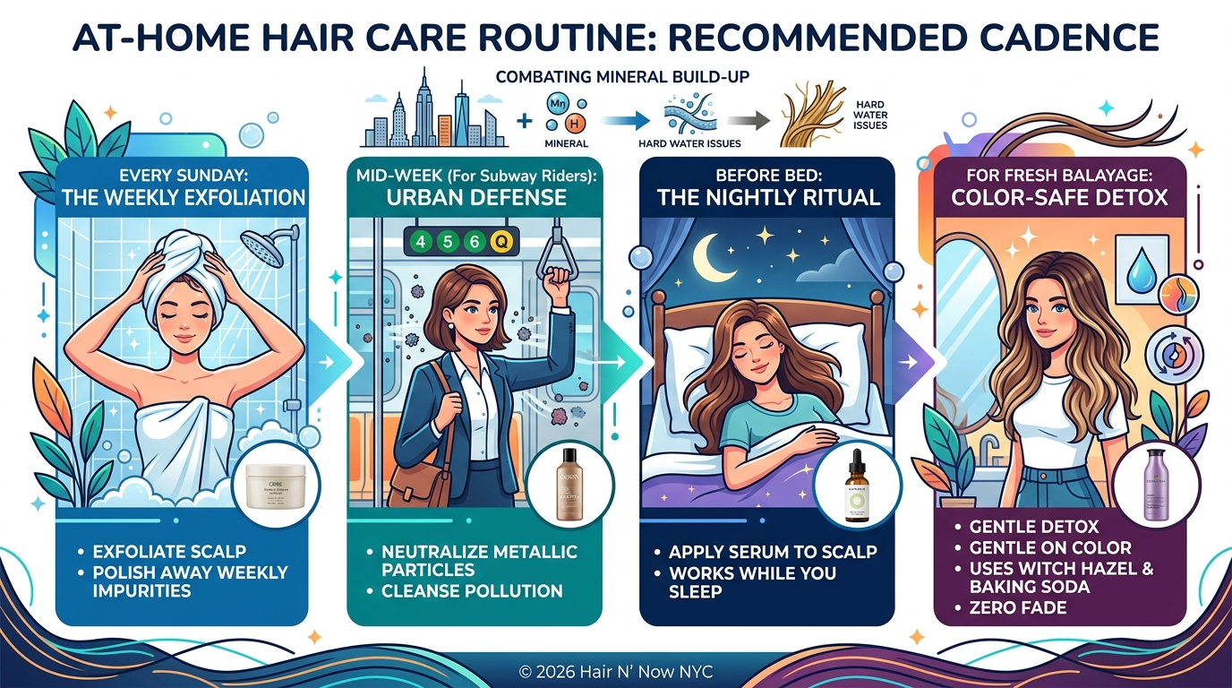 Infographic outlining the recommended at-home scalp care cadence for weekly exfoliation, mid-week urban defense, nightly ritual, and color-safe detox.