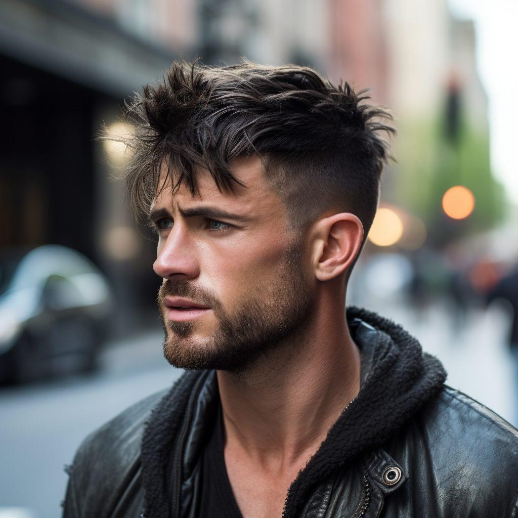 Illustrated men’s haircut example for The East Village Crop textured French crop style.