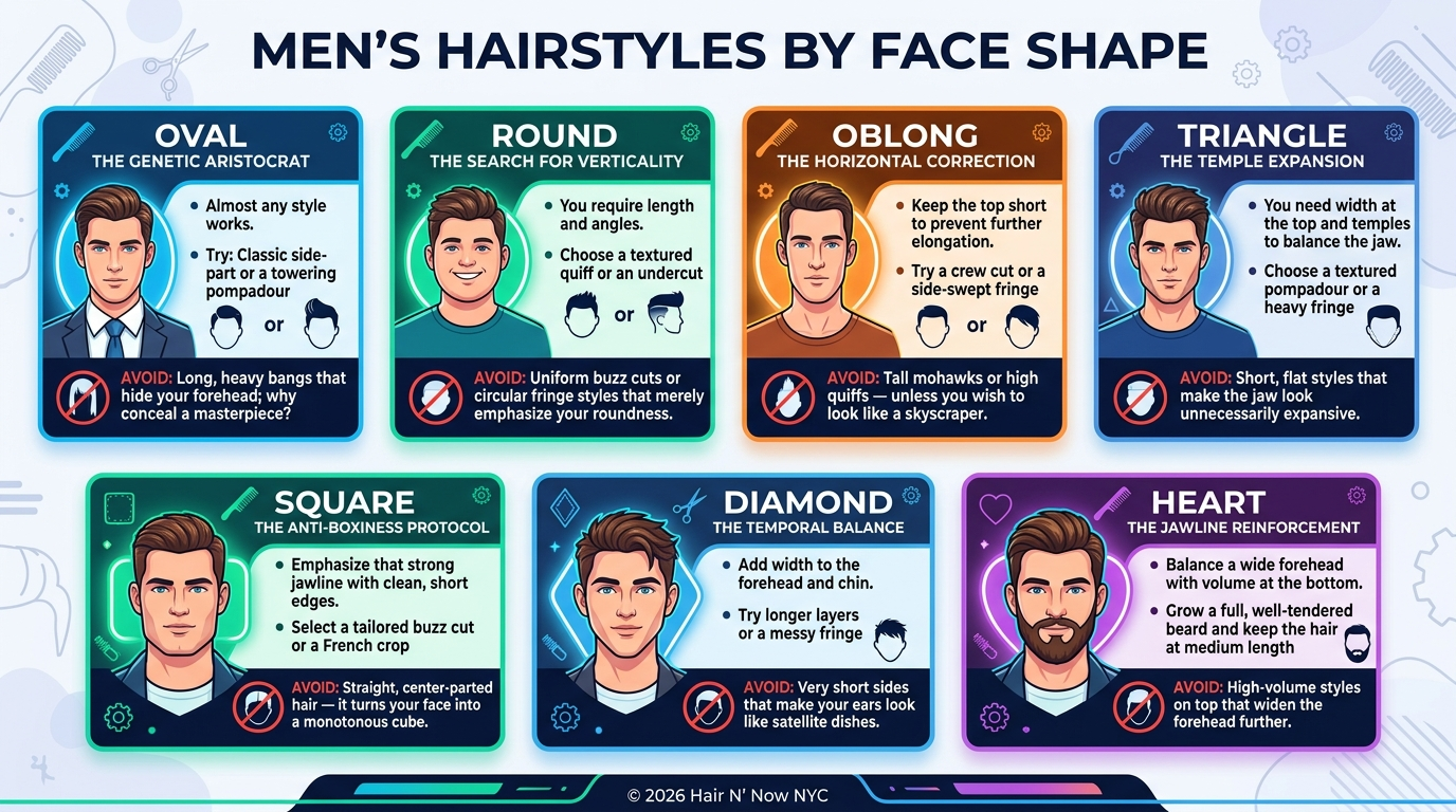 Infographic explaining recommended men’s hairstyles by face shape.
