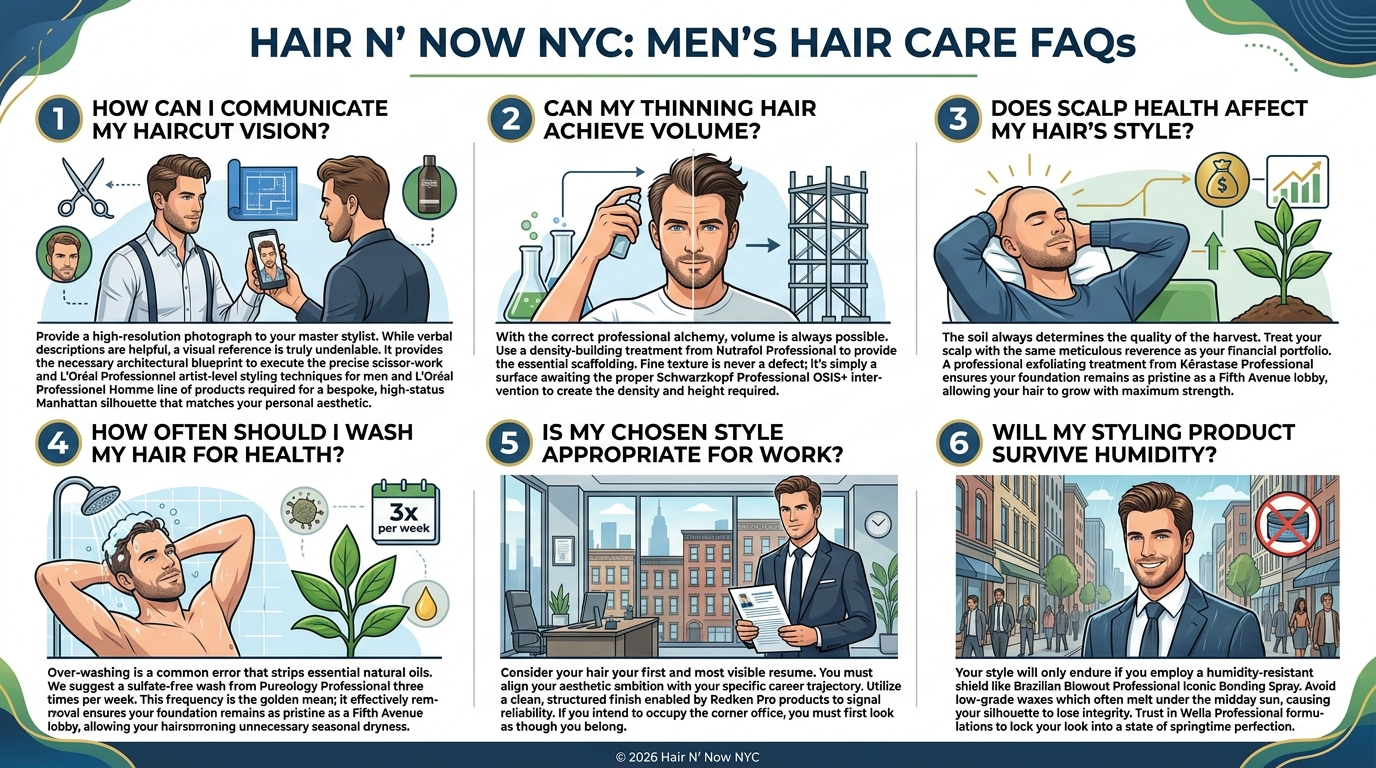 Infographic answering common men’s haircut and hair care questions.