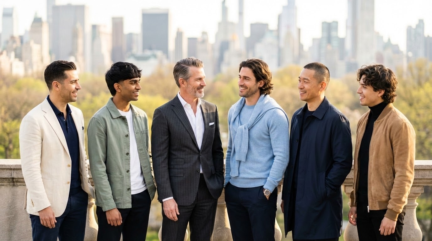 Group portrait of six well-dressed men outdoors with the Manhattan skyline in soft spring light.