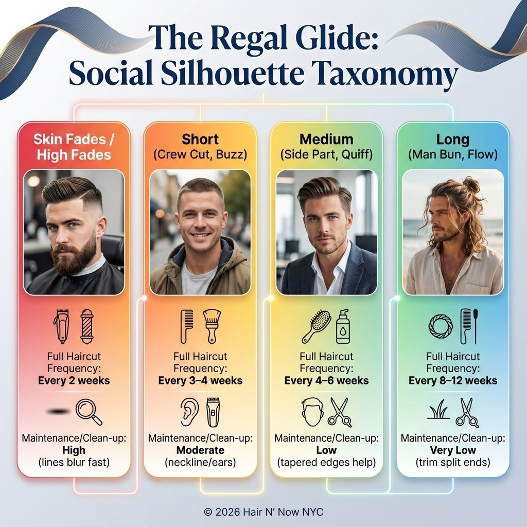 Infographic showing haircut frequency and maintenance cadence by men’s style length.