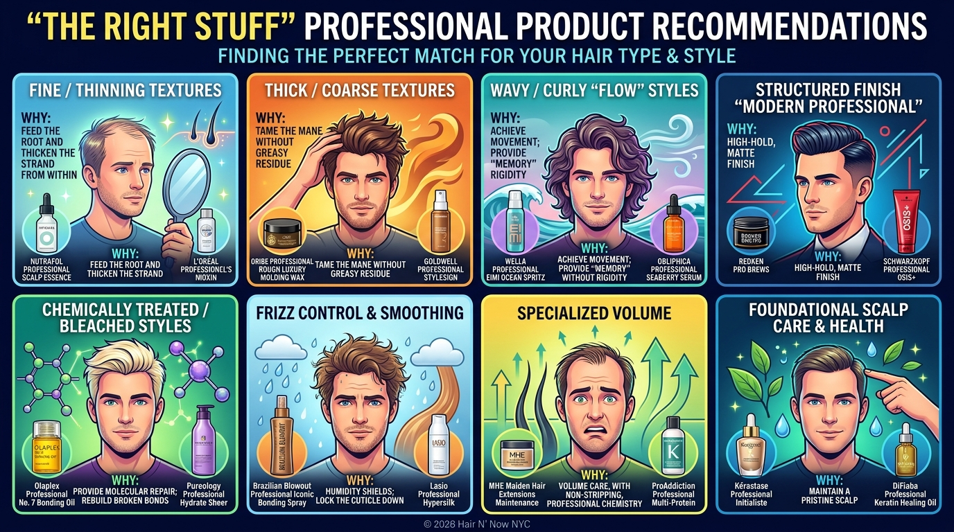 Infographic recommending professional products for men’s hair goals including texture, volume, smoothing, and scalp care.
