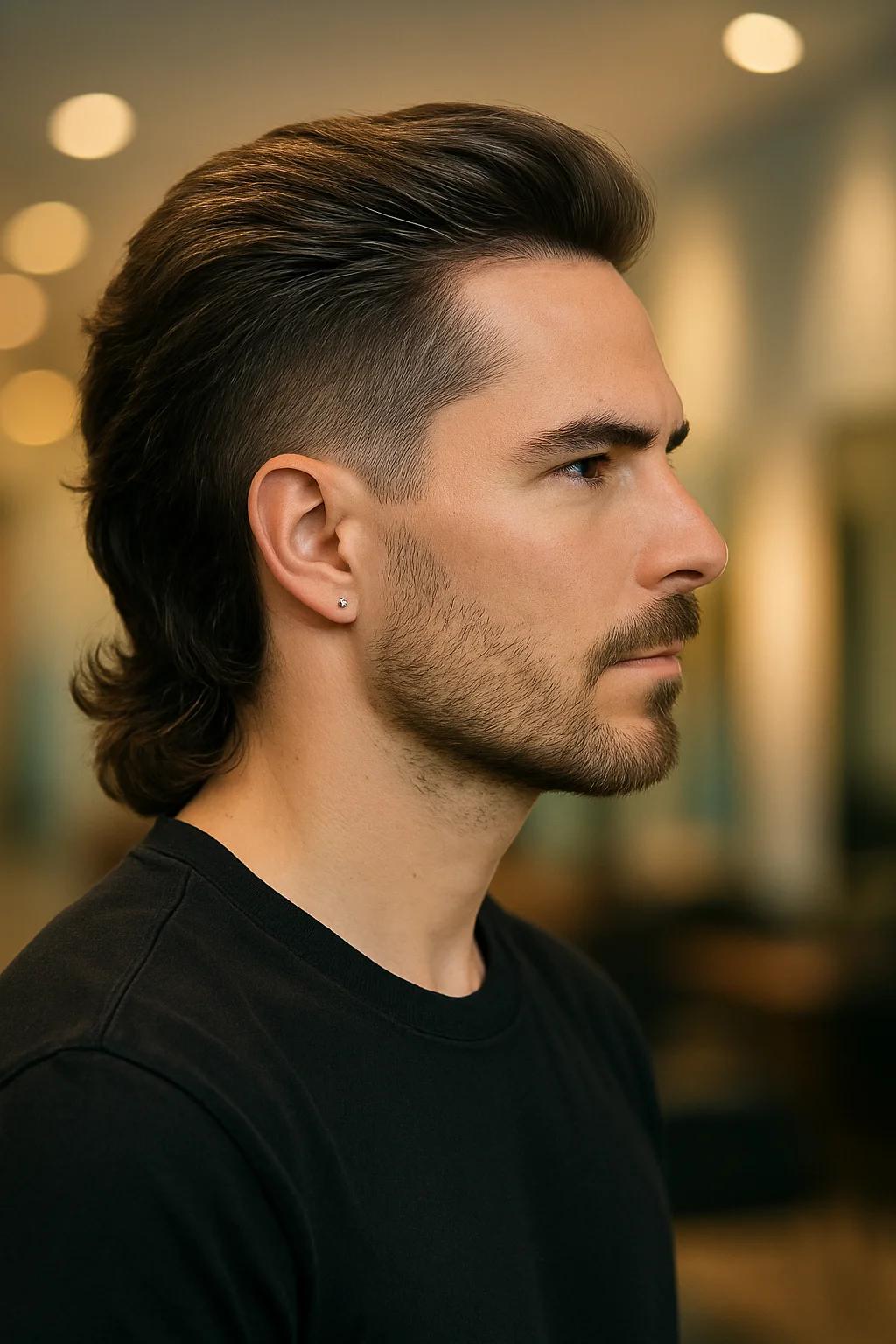 Illustrated men’s haircut example for The Soft Modern Mullet refined wolf cut style.