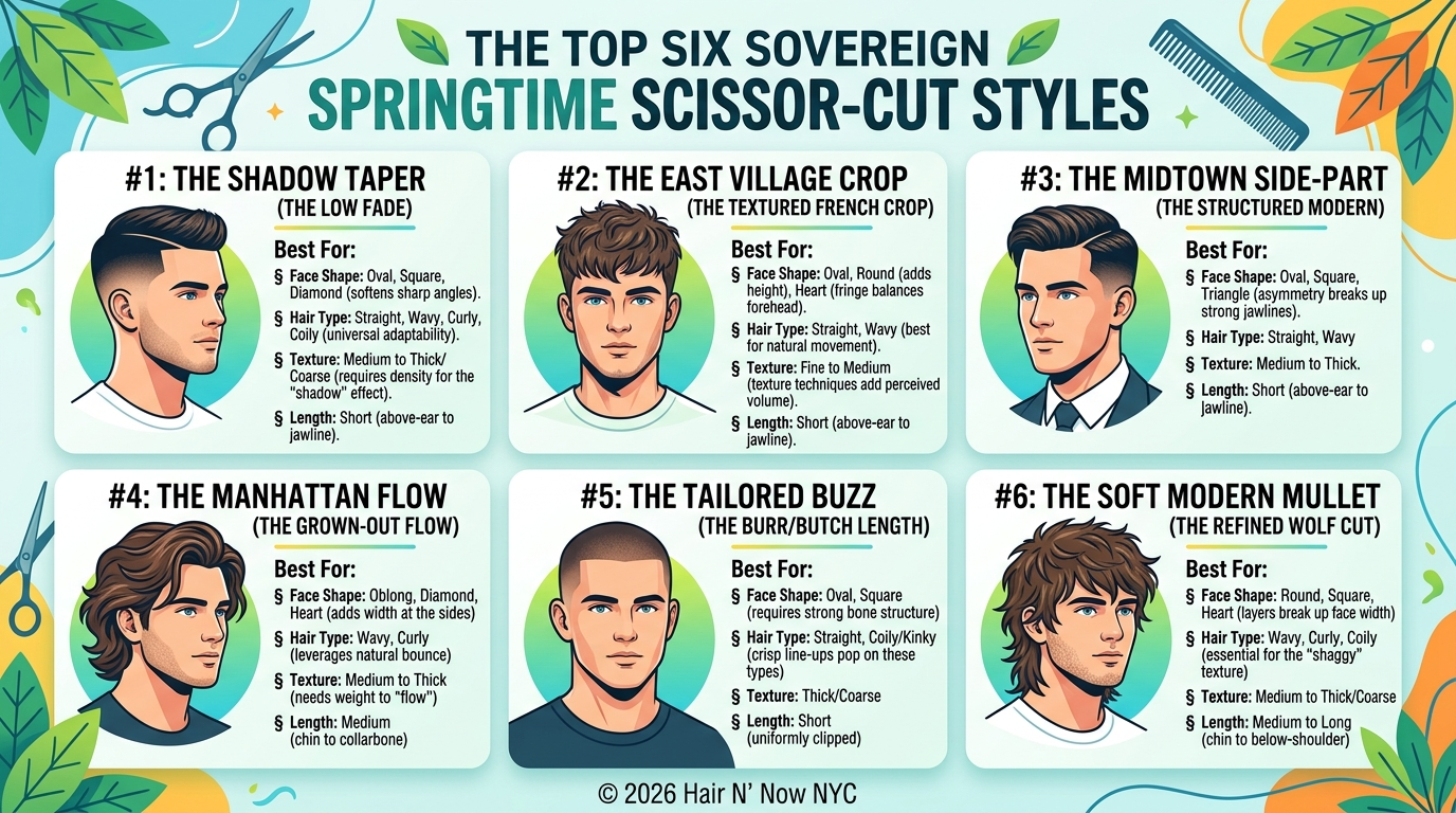 Infographic showing the top six sovereign springtime scissor-cut styles for men.