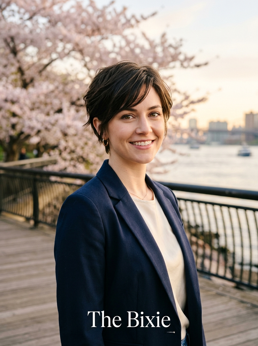 Editorial portrait of The Bixie celebrity-inspired spring 2026 haircut with a tailored nape and sweepable fringe.