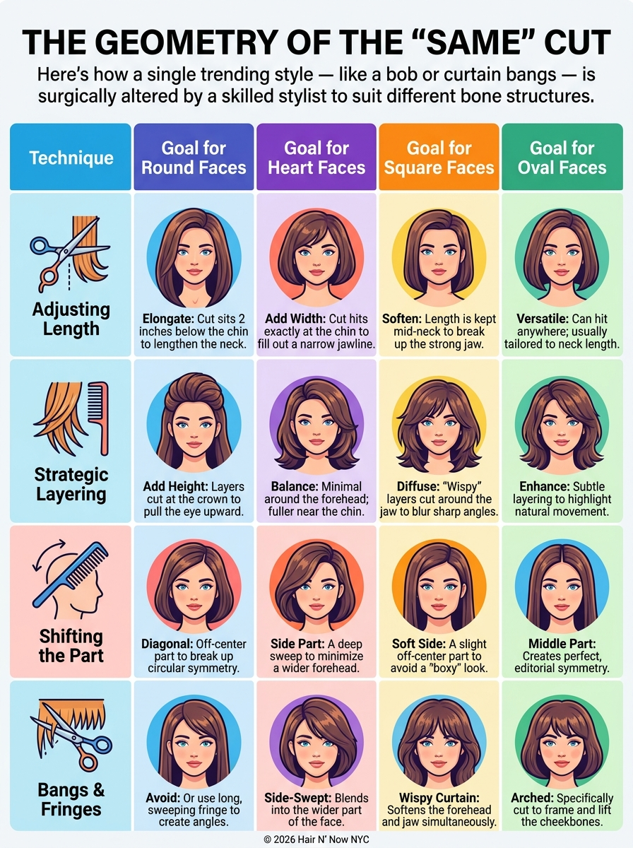 Infographic showing how round, heart, square, and oval face shapes are customized with haircut length, layering, parting, and bangs.