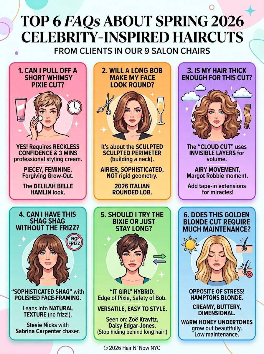 FAQ infographic answering common spring 2026 celebrity-inspired haircut questions about pixies, bobs, volume, shags, bixies, and low-maintenance blonde tone.