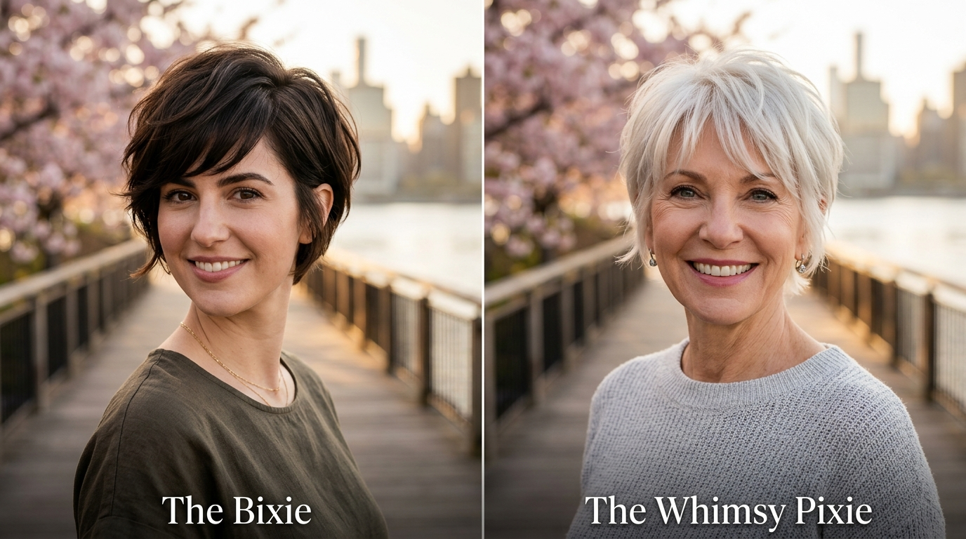 Split-screen celebrity haircut hero comparing The Bixie brunette and The Whimsy Pixie icy platinum cut on the Carl Schurz Park boardwalk in Yorkville.