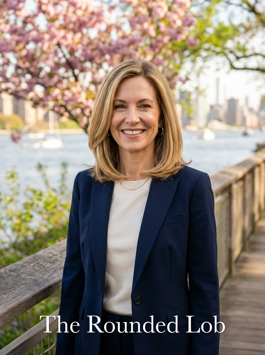 Editorial portrait of The Rounded Lob celebrity-inspired spring 2026 haircut with soft inward curve and polished bounce.