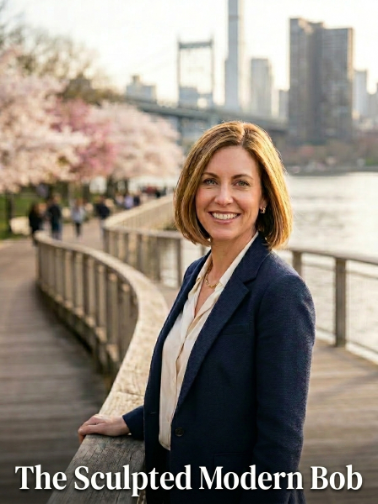 Editorial portrait of The Sculpted Modern Bob celebrity-inspired spring 2026 haircut on the Carl Schurz Park boardwalk in Yorkville.