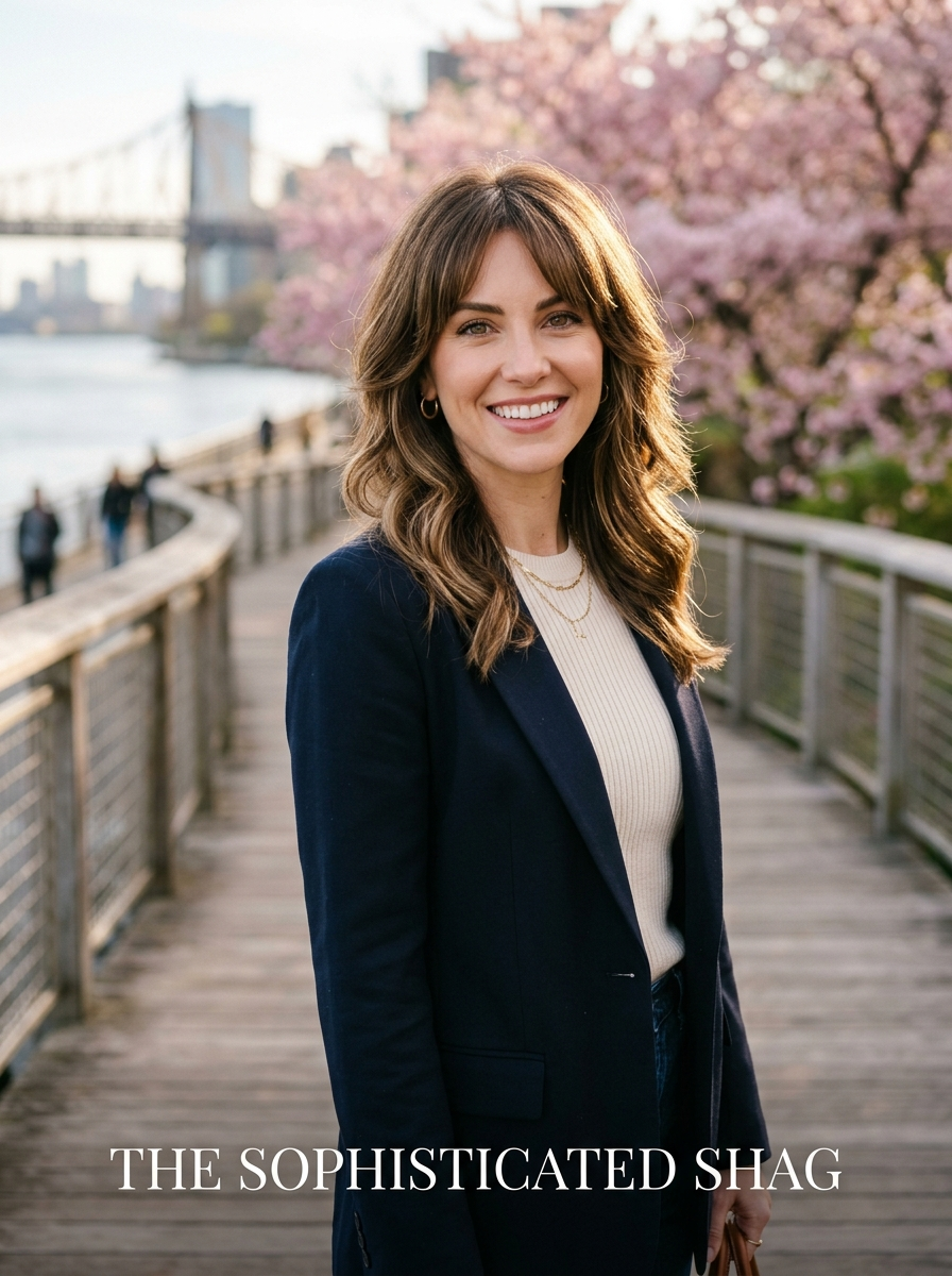 Editorial portrait of The Sophisticated Shag celebrity-inspired spring 2026 haircut with curtain bangs and face-framing layers.