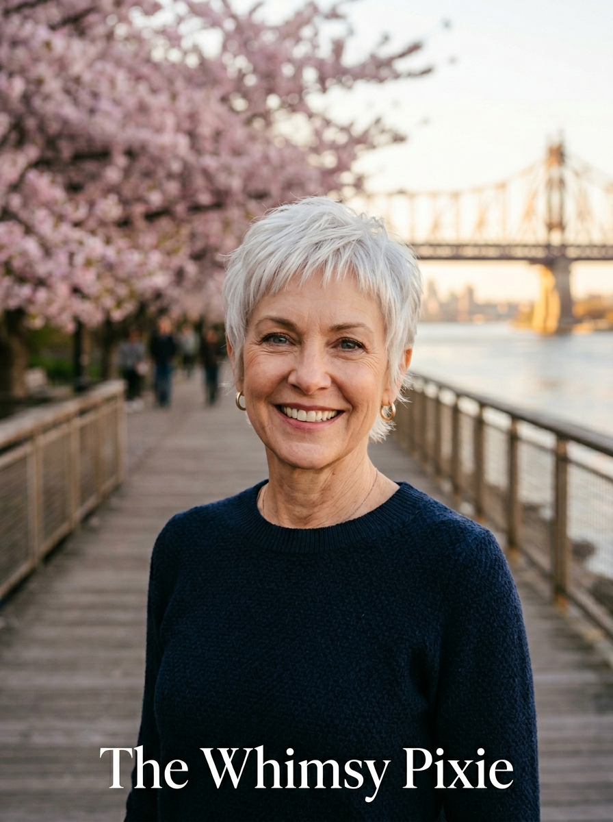 Editorial portrait of The Whimsy Pixie celebrity-inspired spring 2026 haircut with feathered layers and micro-fringe.