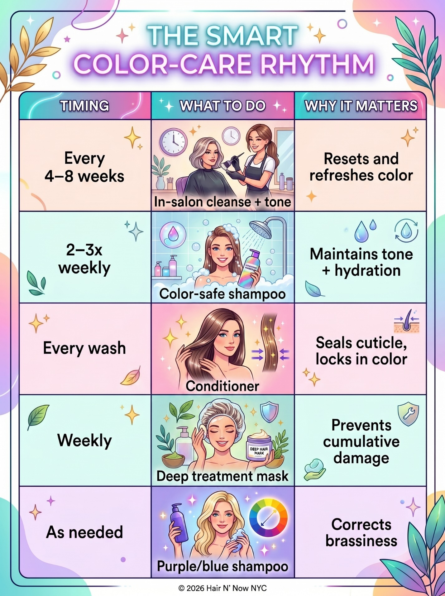 Smart color-care rhythm infographic outlining in-salon cleanse and tone every 4 to 8 weeks, color-safe shampoo 2 to 3 times weekly, conditioner every wash, a weekly deep treatment mask, and purple or blue shampoo as needed.