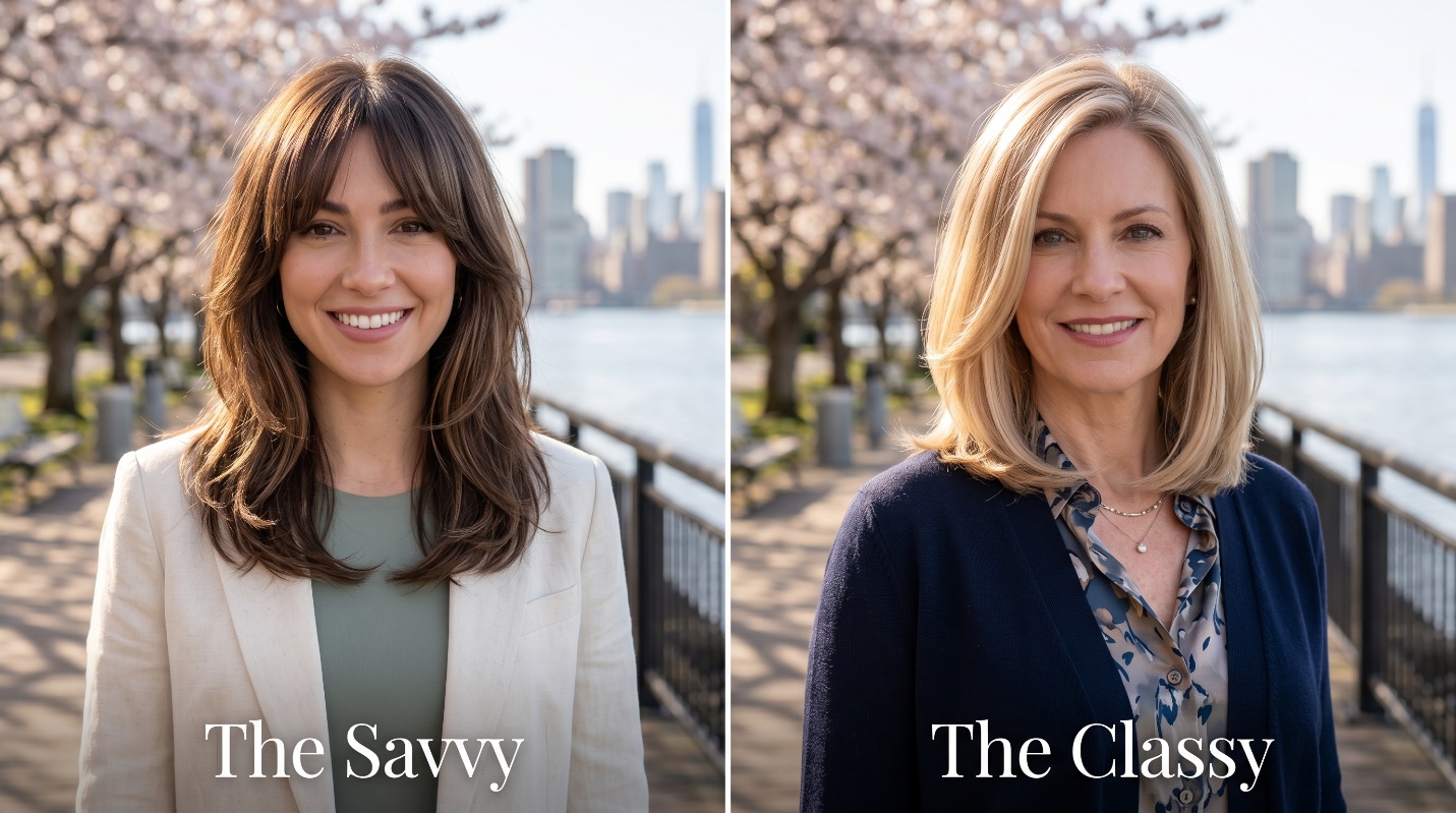Split-screen hero diptych of a 29-year-old with Smoky Chestnut Balayage on the left and a 48-year-old with Champagne Pearl Blonde AirTouch on the right, smiling on the Carl Schurz Park boardwalk in Yorkville under golden-hour spring light.