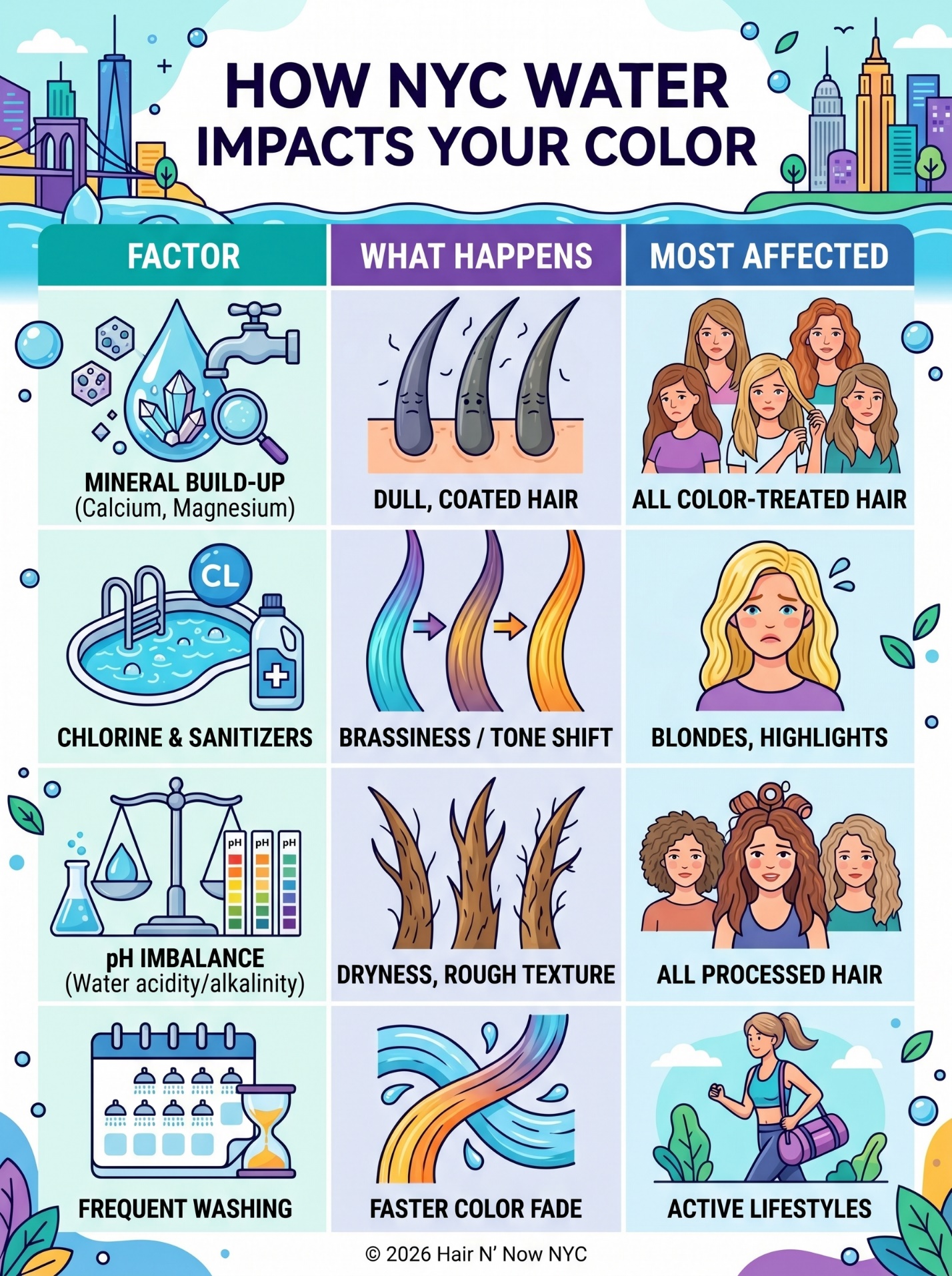 Infographic showing how NYC tap water impacts color-treated hair through mineral buildup, chlorine exposure, pH imbalance, and frequent washing.