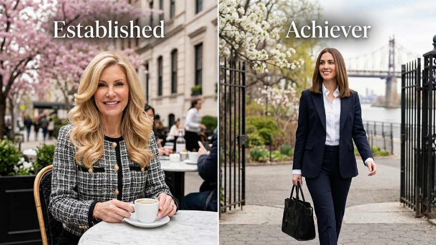 Split-screen spring hero image showing two polished women with humidity-resistant blowout styles in Manhattan.