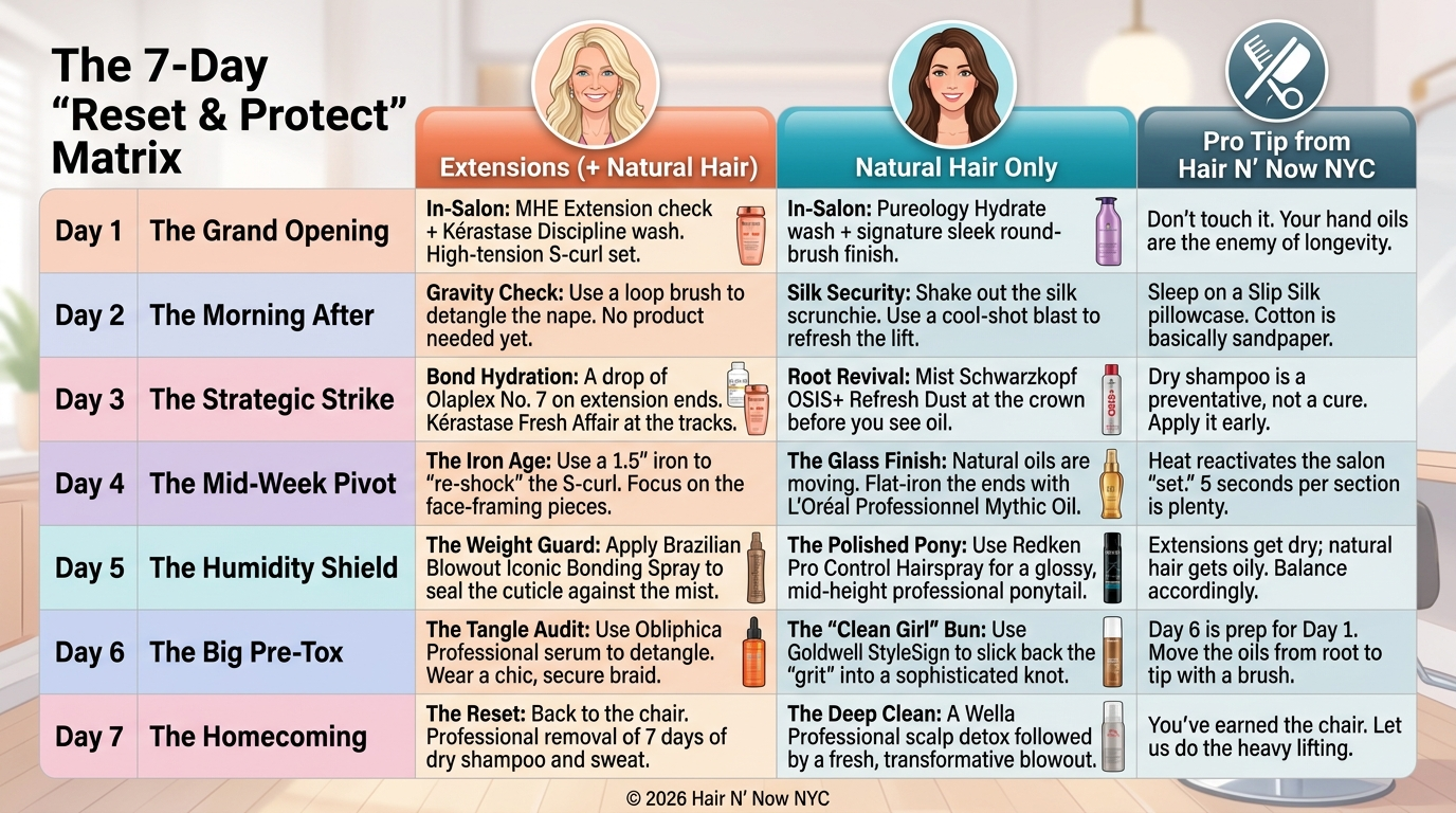 Infographic explaining how to tailor a blowout-maintenance plan for extensions, natural hair, activity level, and texture.