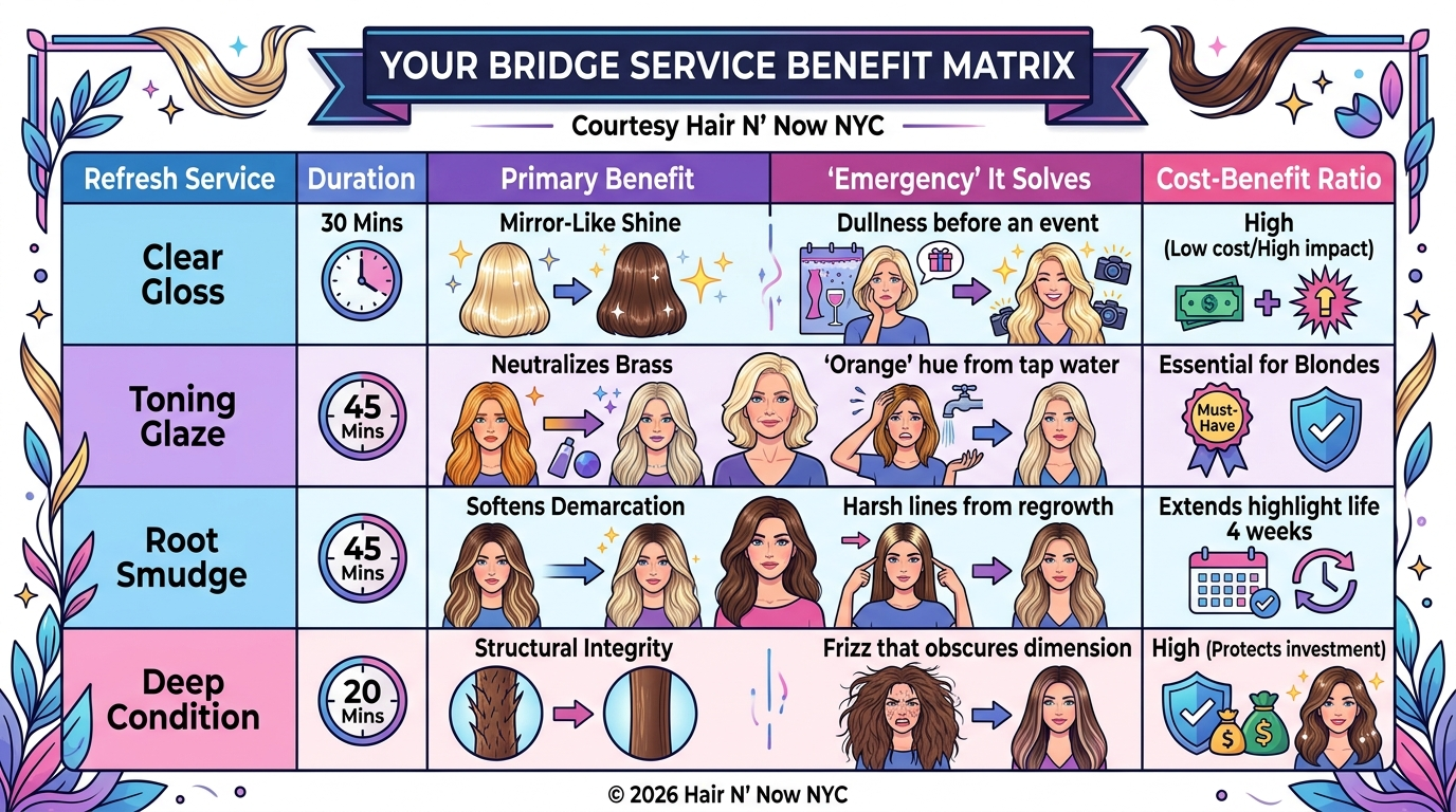 Bridge service benefit matrix covering gloss, toning glaze, root smudge, and deep-conditioning refresh options.