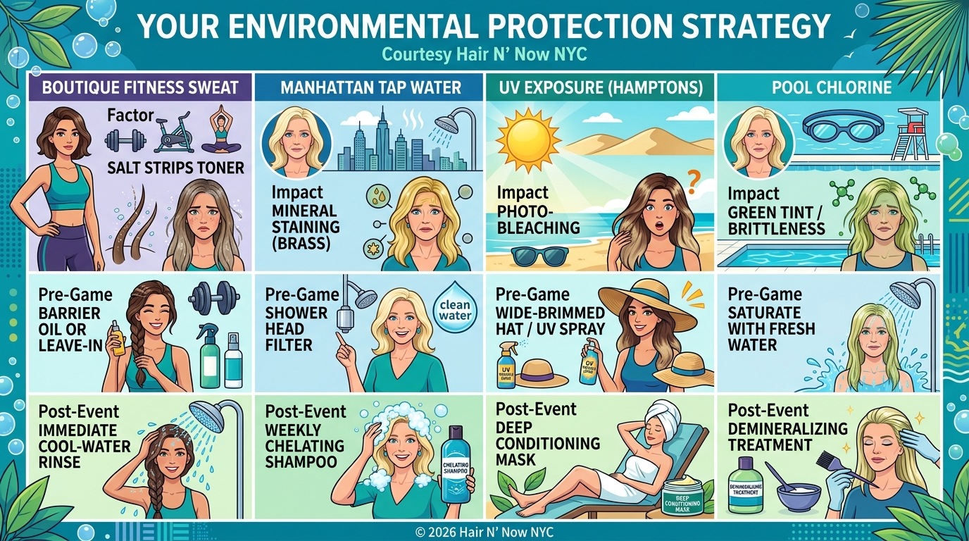Environmental protection chart showing how sweat, tap water, UV exposure, and chlorine affect hair color.