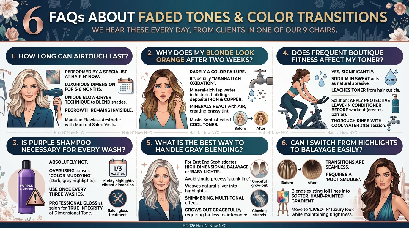 FAQ graphic about faded tones, brassiness, purple shampoo, sweat, gray blending, and transitioning to balayage.