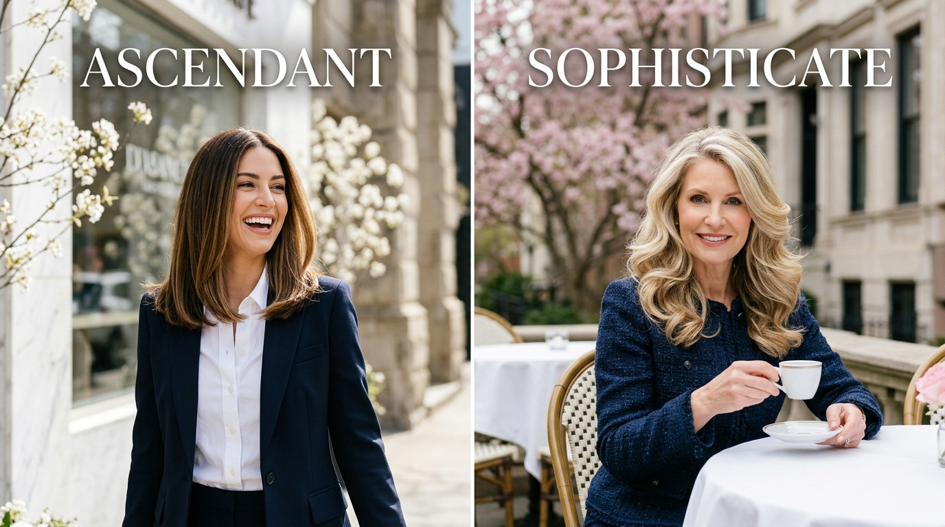 Split-screen spring hero image featuring two polished women with glossy dimensional hair color in Yorkville light.